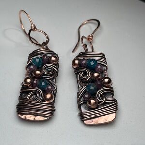 Artisan Copper Wire Earrings with Teal and Ruby Crystal Accents
